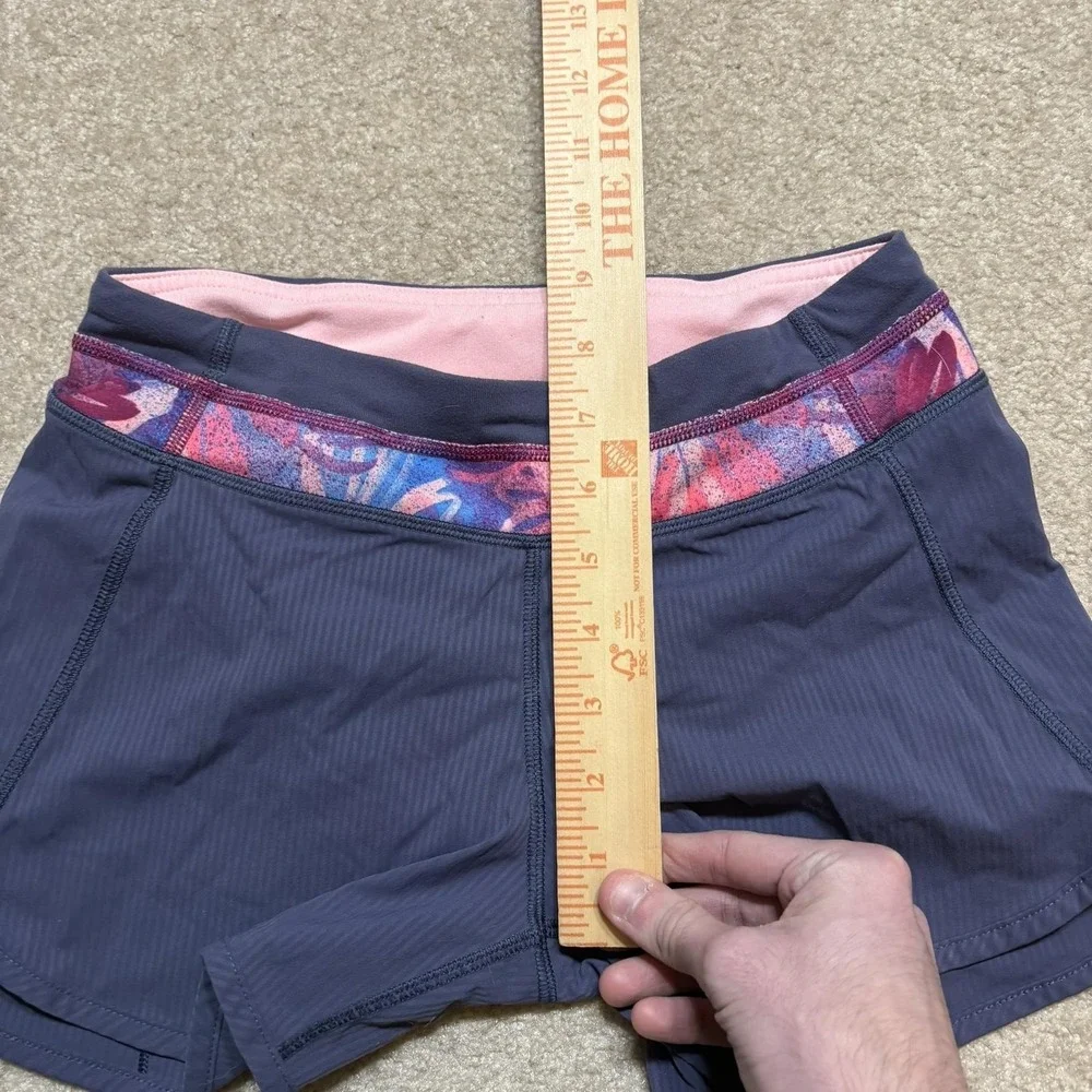 Ivivva Running Shorts Girls‎ 12 Blue Striped Floral Waistband Lined Gym Athletic